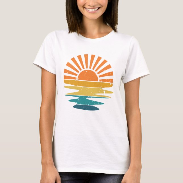 Retro Sunset Rays Vågigt Shirt, Retro Summer Sunse T Shirt (Framsida)