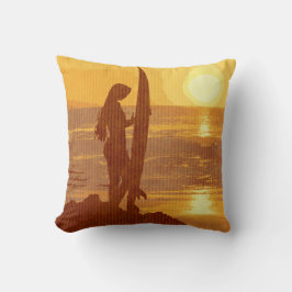 Retro Sunset Surfer Girl Kudde