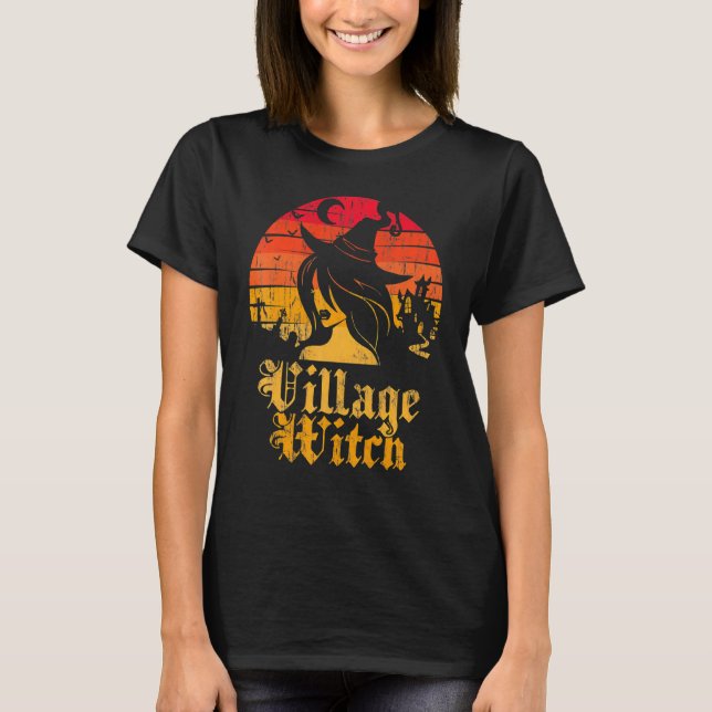 Retro Sunset Village Witch T Shirt (Framsida)