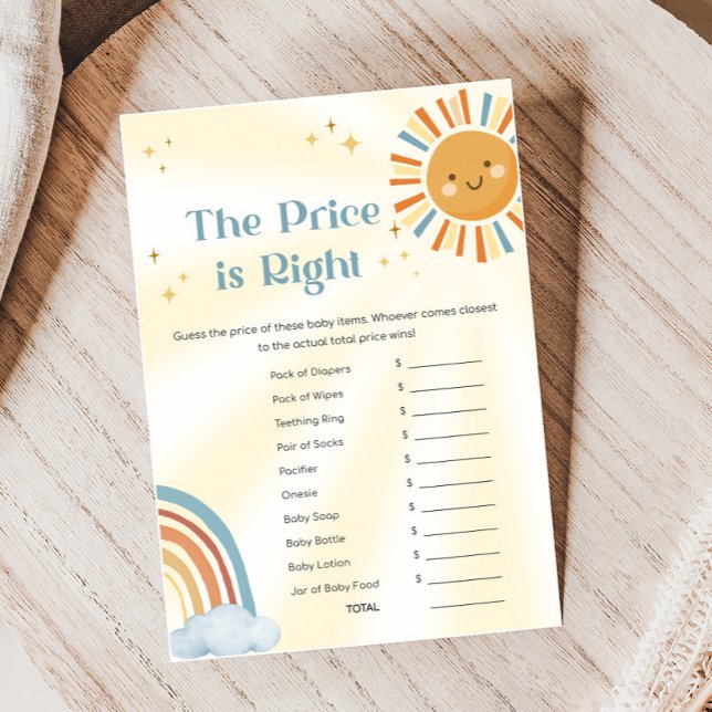 Retro Sunshine Baby Shower The Price Is Right Spel (Retro Here Comes The Son Sunshine Baby Shower Game)