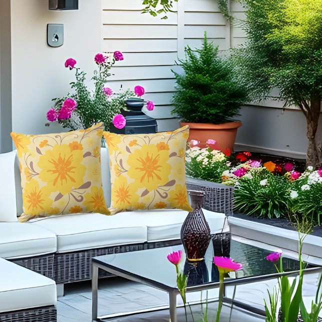 Retro Sunshine Blommigt-Gula blommor Kudde (Retro Sunshine Florals-Yellow Flowers Outdoor Pillow)