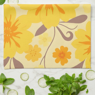 Retro Sunshine Blommönster-Gula blommor Kökshandduk