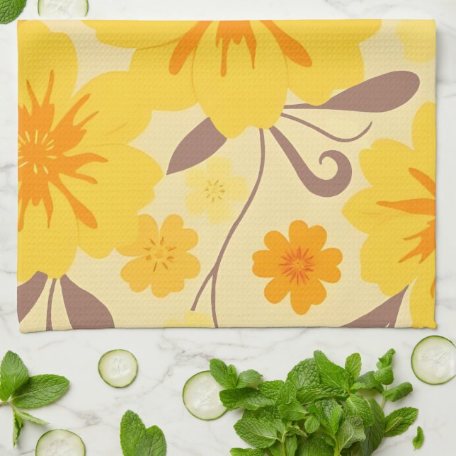 Retro Sunshine Blommönster-Gula blommor Kökshandduk (Vikta)