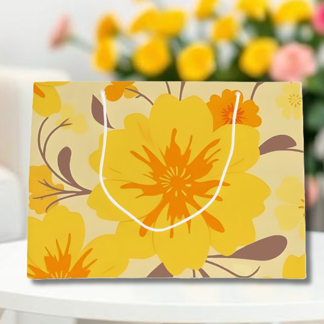 Retro Sunshine Flowers-Gult-Blommönster (Retro Sunshine Flowers-Yellow Floral Pattern Large Gift Bag )