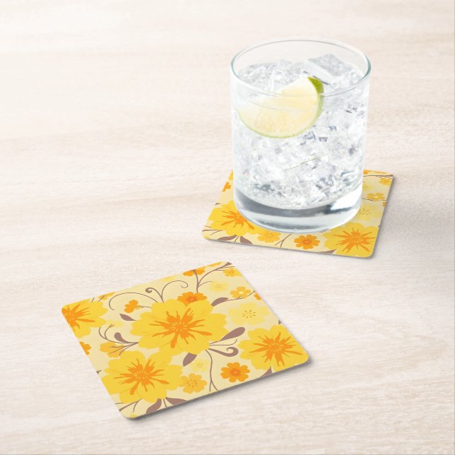 Retro Sunshine Flowers-Gult-Blommönster Underlägg Papper Kvadrat (Insitu)