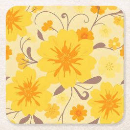 Retro Sunshine Flowers-Gult-Blommönster Underlägg Papper Kvadrat