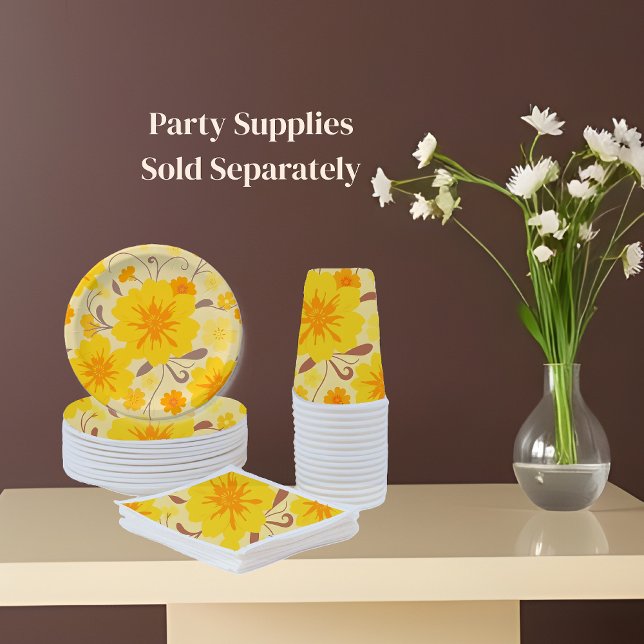 Retro Sunshine Gula blommor- Pappersservett (Party Supplies Yellow with orange and mocha mousse plates cups and napkins with background)