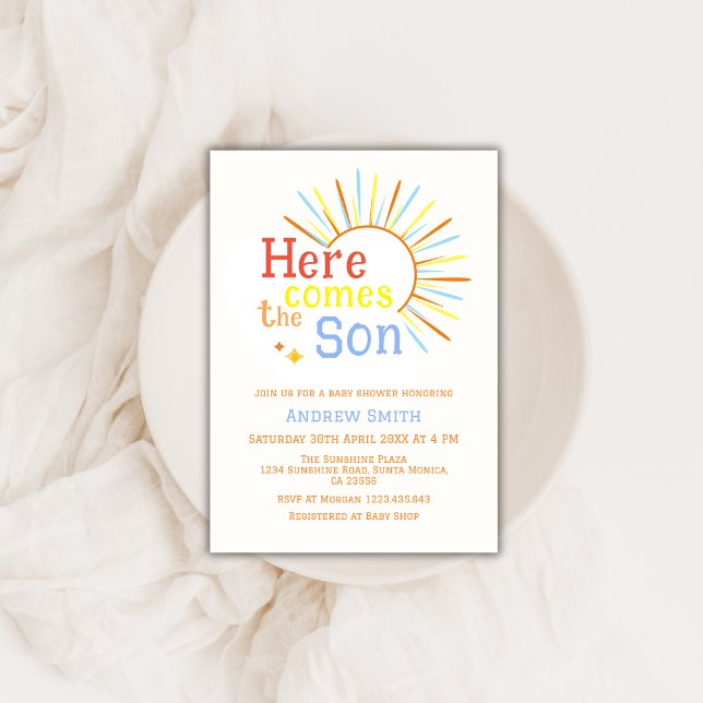 Retro Sunshine här kommer barnskåran Inbjudningar (Retro Sunshine Here Comes The Son Baby Shower Invitation)