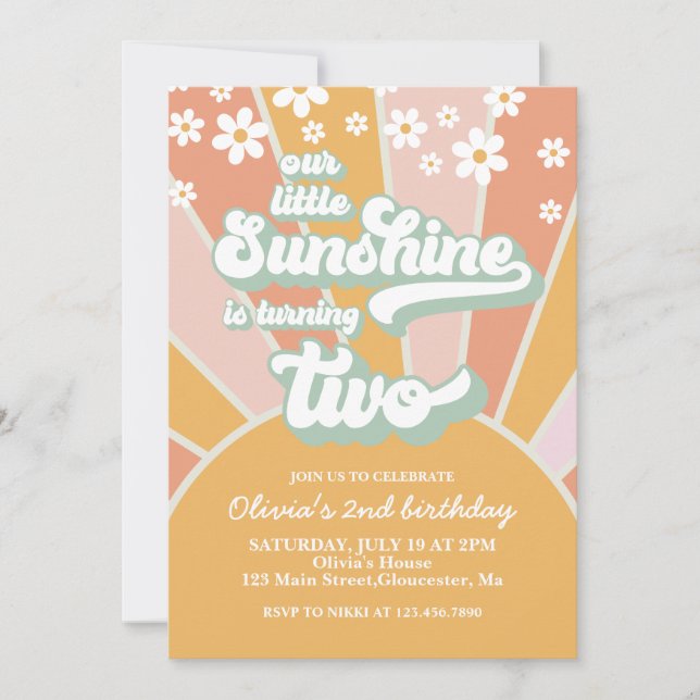 Retro Sunshine tusenskönor boho blommig 2-årsdag Inbjudningar (Framsida)