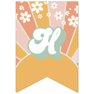 Retro Sunshine tusenskönor boho blomster födelseda Vimplar