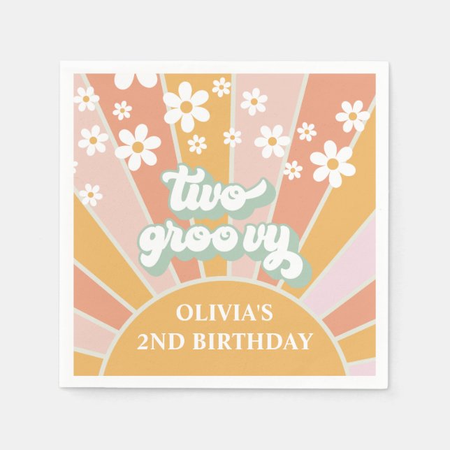 Retro Sunshine Två Groovy Daisy Födelsedag Pappersservett (Framsidan)