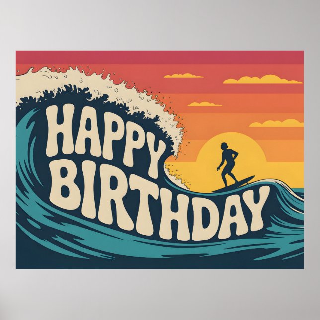 Retro Surf Theme "Happy Birthday" Illustration Poster (Framsidan)