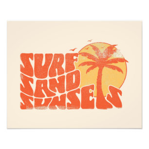 Retro Surfa Sand Sunset Handflatan Träd Beach Vibe Fototryck