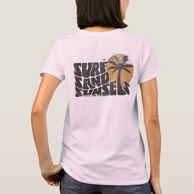 Retro Surfa Sand Sunset Handflatan Träd Beach Vibe T Shirt (Baksida)