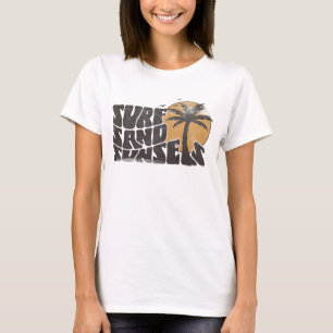 Retro Surfa Sand Sunset Handflatan Träd Beach Vibe T Shirt