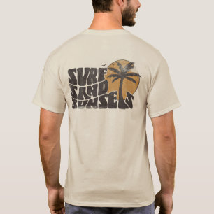Retro Surfa Sand Sunset Handflatan Träd Beach Vibe T Shirt