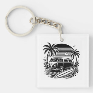 Retro Surfa Van & Handflatan Träd Design Keychain