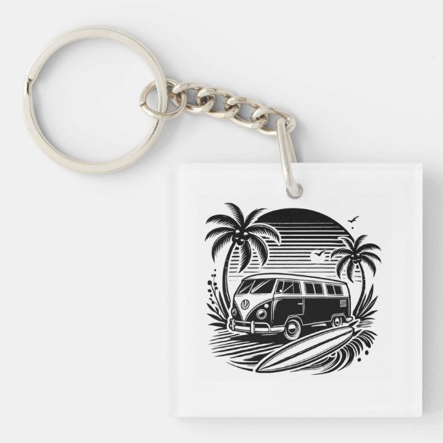 Retro Surfa Van & Handflatan Träd Design Keychain (Framsidan)