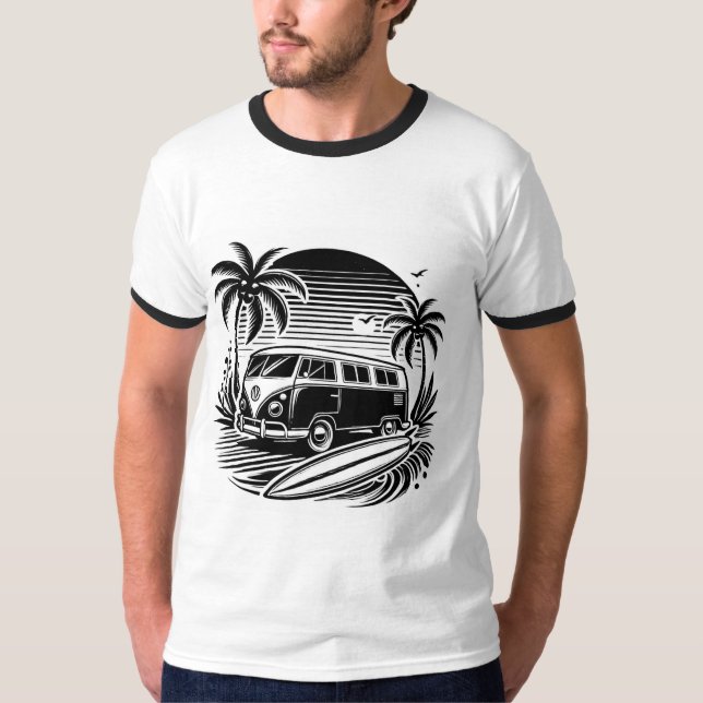 Retro Surfa Van & Handflatan Träd Design T-Shirt (Framsida)