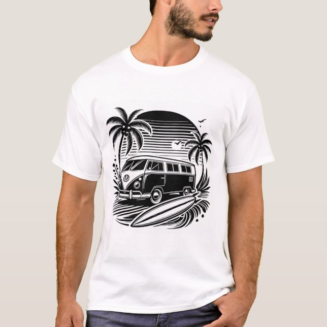 Retro Surfa Van & Handflatan Träd Design T-Shirt (Framsida)