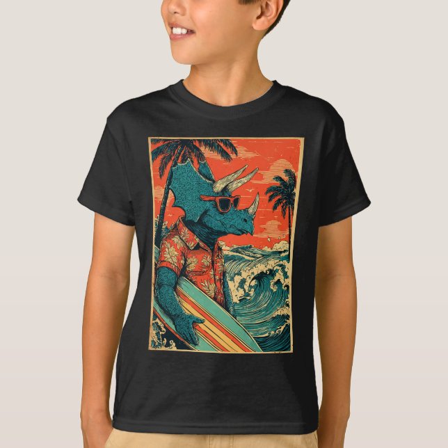 Retro Surfande Dinosaurie Hawaii Sommar Triceratop T Shirt (Framsida)