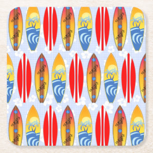 Retro Surfboard Light Blue Hibiscus Underlägg Papper Kvadrat