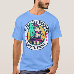Retro Surfer Babe Badge Cotes des Basques Biarritz T Shirt