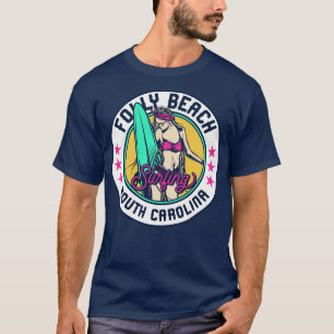 Retro Surfer Babe Badge Folly Beach South olina T Shirt
