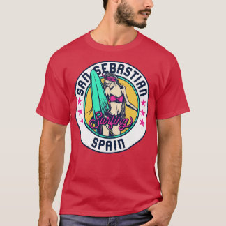 Retro Surfer Babe Badge San Sebastian Spanien T Shirt