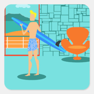 Retro Surfer Boy Stickers Fyrkantigt Klistermärke