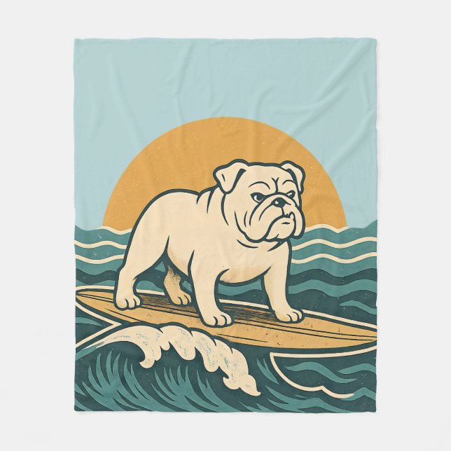 Retro Surfer Dog Blue Coastal Surfing Bulldog Art Fleecefilt (Framsidan)