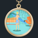 Retro Surfer Killen Necklace Guldpläterat Halsband<br><div class="desc">Varje dag kan vara en dag på stranden med den här Retro Surfer-killen. 1960-talets minimalistiska konstdesign i stil har en sol-kyld, blond, surfare-kille allt redo att fånga en våg. Vår passande surfare är ute på havet genom glidglasdörrarna på hans bänkhus. Han står i sitt akvarium i färgaden. Vi kan se...</div>
