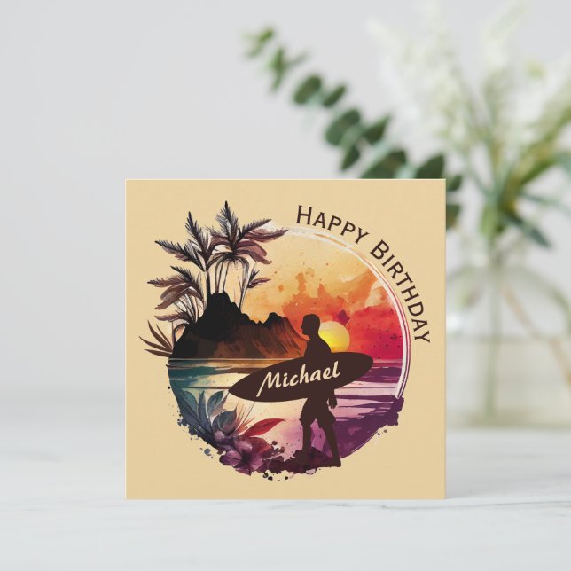Retro Surfer Sunset Beach Birthday Card Tack Kort (Stående Fram)