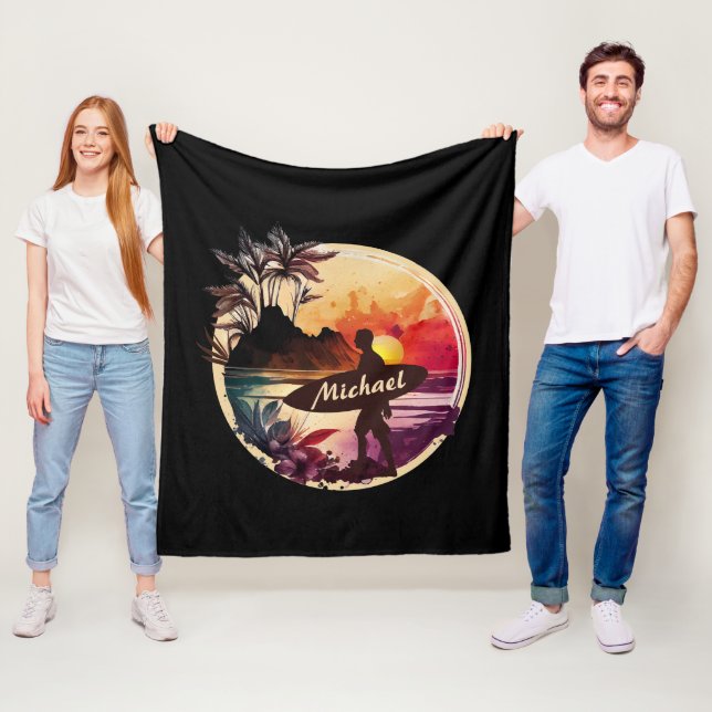 Retro Surfer Sunset Beach Fleecefilt (På plats)