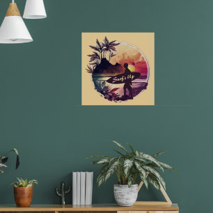 Retro Surfer Sunset Beach Poster
