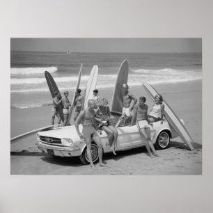 Retro Surfers, Black and White Beach Vintage Poster
