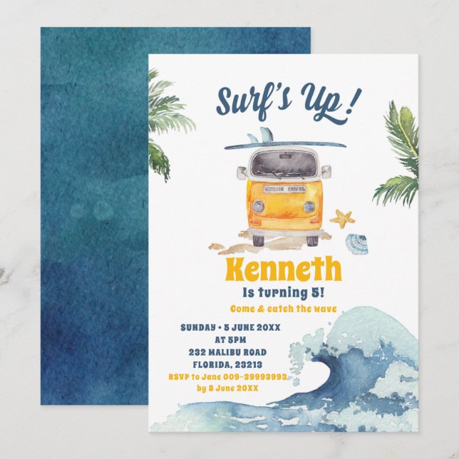 Retro Surfing Barn Birthday-inbjudan Inbjudningar (Fram/baksida)