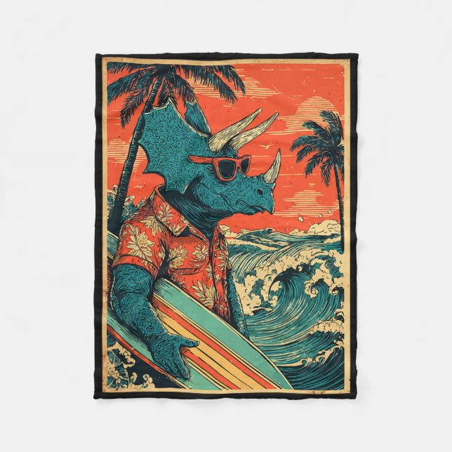 Retro Surfing Dinosaur Hawaii Sommar Triceratops S Fleecefilt (Framsidan)