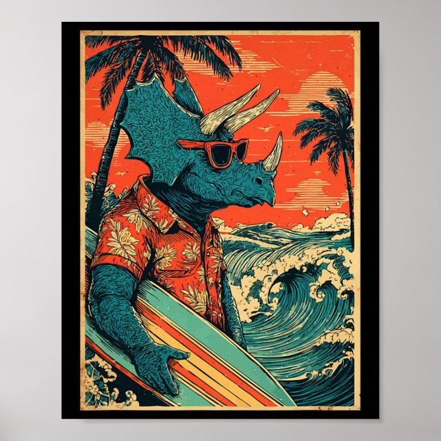 Retro Surfing Dinosaur Hawaii Sommar Triceratops S Poster (Framsidan)