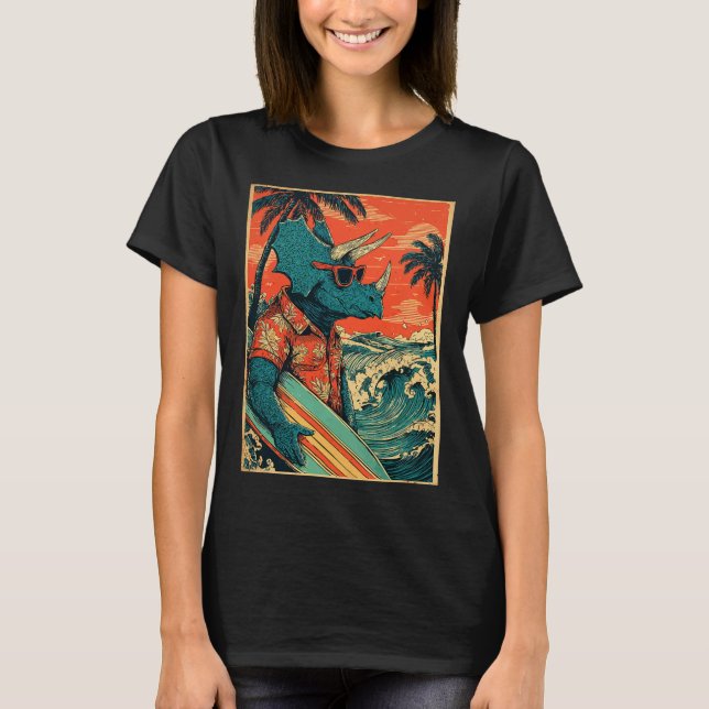 Retro Surfing Dinosaur Hawaii Sommar Triceratops S T Shirt (Framsida)