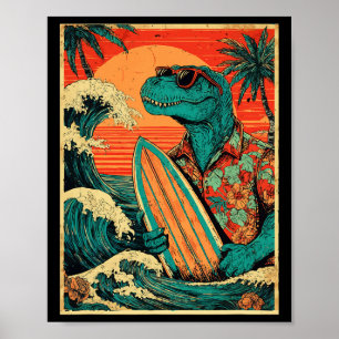 Retro Surfing Tyrannosaurus Hawaiian Sommar Dinosa Poster