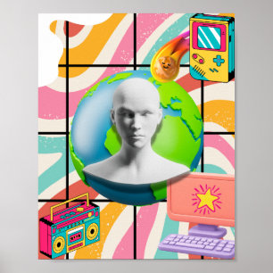 Retro Surreal Jord Glob Halskulp Kollage Konst Poster