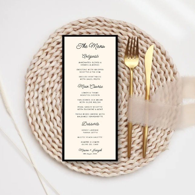 Retro svart & elfenbensvit bröllopsfest meny (Retro black and ivory wedding menu brings timeless elegance to your reception tables.)