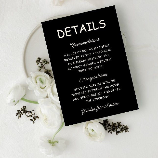 Retro svart & elfenbensvit bröllopsinformation tilläggskort (Retro black and ivory wedding information card shares details with timeless style and charm.)