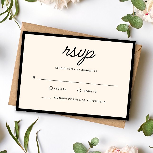 Retro svart & elfenbensvit vigsel OSA kort (Retro black and ivory wedding RSVP card makes guest responses feel stylish and easy.)