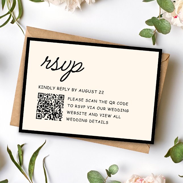 Retro svart & elfenbensvit vigsel-QR-kod OSA Kort (Retro black and ivory QR code RSVP card makes guest replies quick and stylish.)