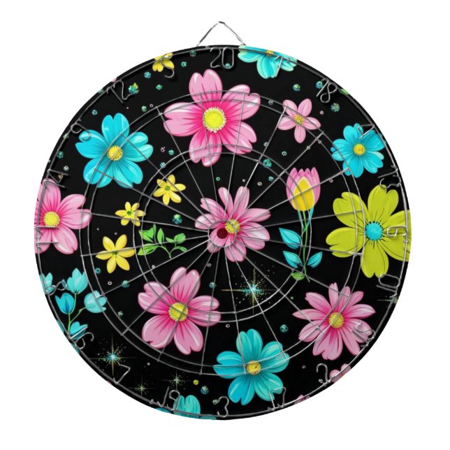 Retro Svart färgglada blommor Mönster Födelsedagsf Darttavla (Framsidan)
