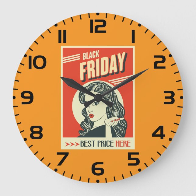 Retro Svart Fredag Pop Art Pin-Up Flicka Stor Klocka (Framsida)