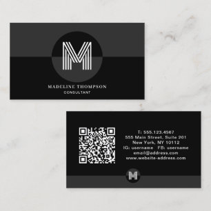 Retro Svart Grå Geometrisk Modern Monogram QR-kod Visitkort