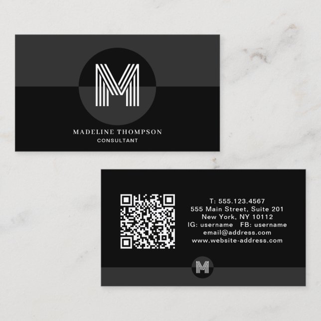 Retro Svart Grå Geometrisk Modern Monogram QR-kod Visitkort (Fram/baksida)
